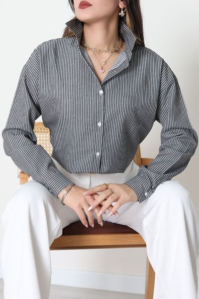 Pamuk Polyester Çizgili Oversize Gömlek Füme - 51052.147.