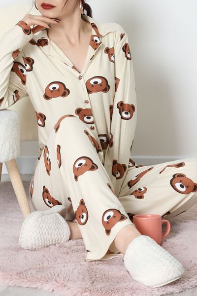 Düğmeli Süet Pijama Takımı Kremayı - 450.1287.