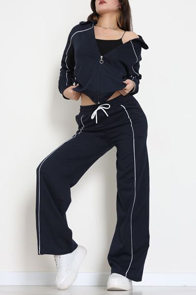 Biyeli Dik Yaka 2 İplik Eşofman Takımı Lacivert - 40030.1857.