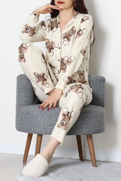 Süet Düğmeli Pijama Takımı Bejayı - 52179.2124.