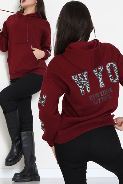 3 İplik Kanguru Cepli Kapşonlu Sweat Bordo - 42249.1878.