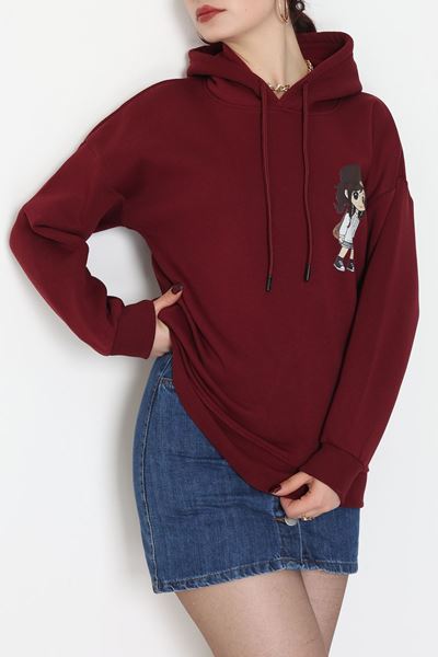 3 İplik Kapşonlu Baskılı Sweat Bordo - 42222.1878.