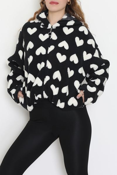 Baskılı Kapşonlu Polar Ceket Siyahkalp - 31711.1247.