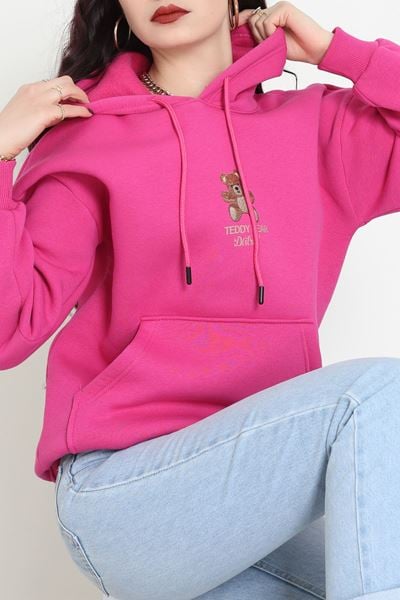 3 İplik Kanguru Cepli Kapşonlu Sweat Fuşya - 42254.1878.