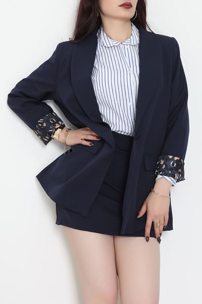 Leopar Astarlı Blazer Ceket Lacivert - 31340.1397.