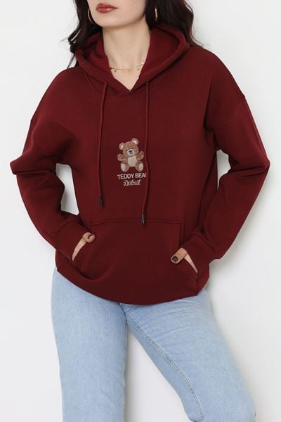 3 İplik Kanguru Cepli Kapşonlu Sweat Bordo - 42254.1878.
