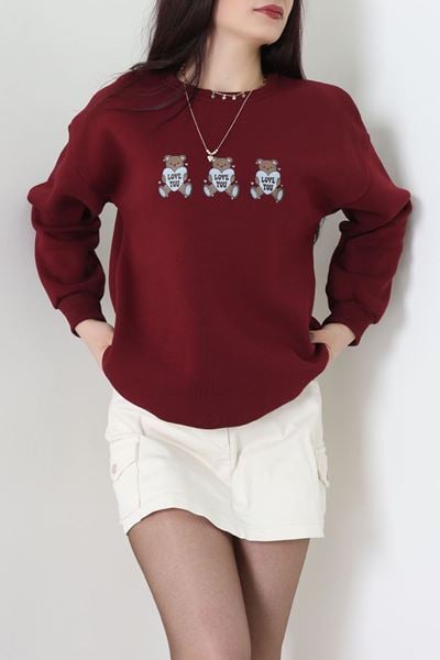 3 İplik Bisiklet Yaka Sweat Bordo - 42240.1878.