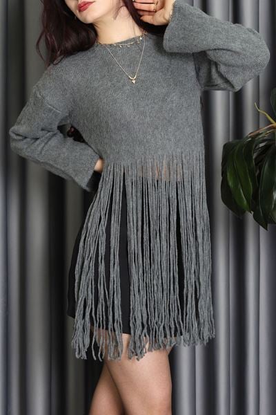 Püsküllü Triko Kazak Füme - 70898.1724.